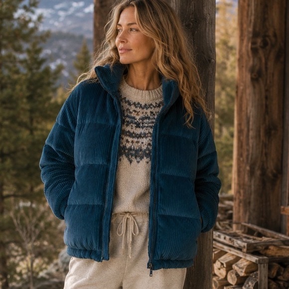 Sundance Jackets & Blazers - Sundance Teal Blue Corduroy Down Puffer Jacket Floral Paisley Lining Large